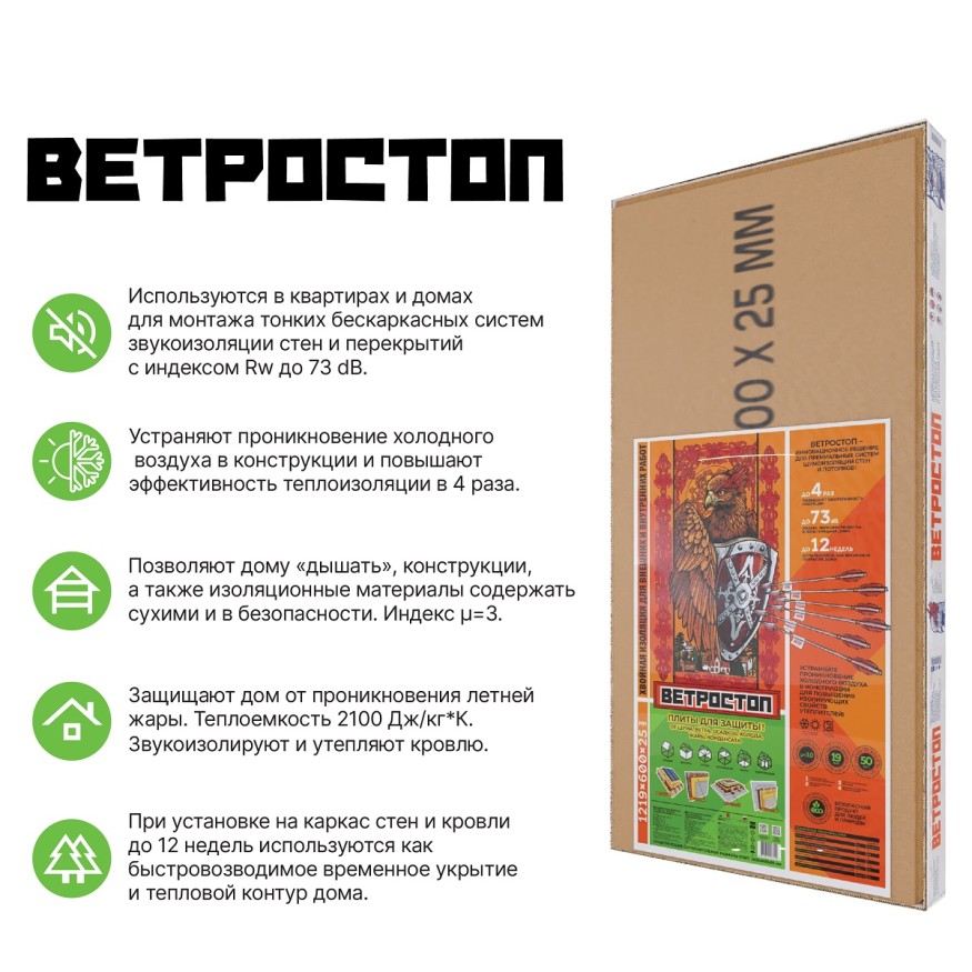 Ветрозащитная шумоизоляционная плита ВЕТРОСТОП 2500х600х20 мм с шип-пазом 19 мм купить в Перми